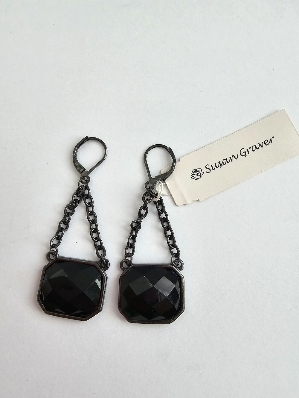 Susan Graver NWT Black Faceted Cushion Drop Earrings Gunmetal Leverback